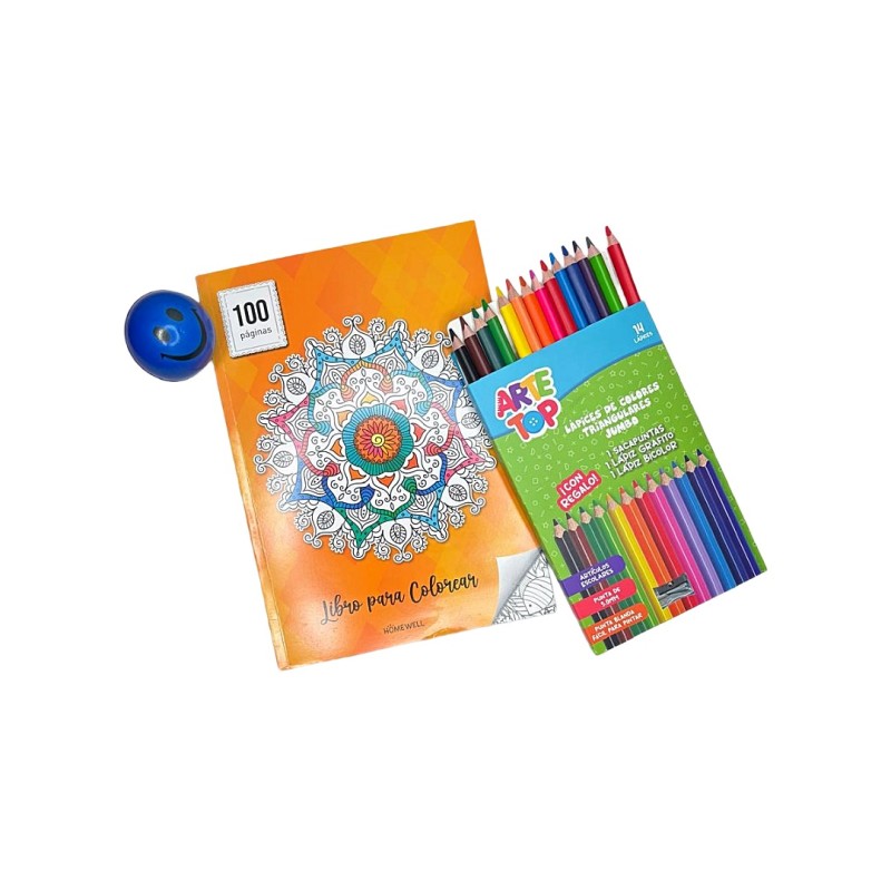 PACK Libro 100 hojas para pintar + lápices JUMBO + Pelota antiestrés de regalo