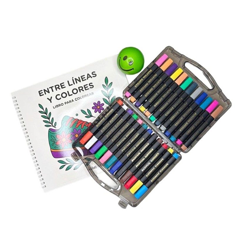 PACK Libro para colorear + Lápices acrílicos + balón antiestrés de regalo