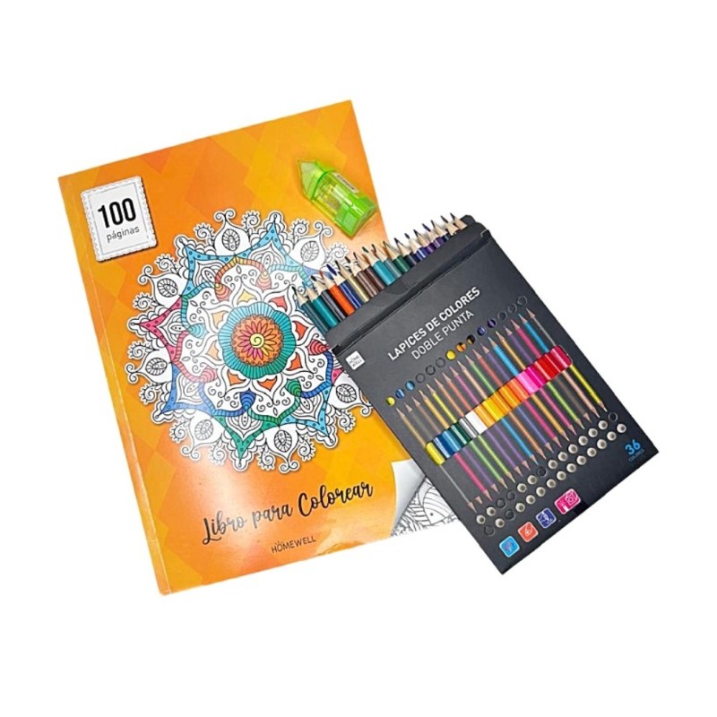 PACK Libro 100 hojas para pintar + lápices punta doble +sacapuntas/goma de regalo